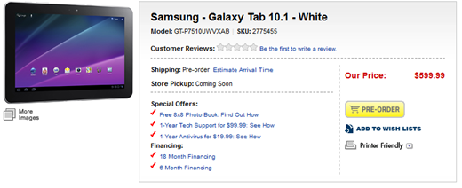 Samsung Galaxy Tab 10.1 WiFi Only White Edtion Pre-Order At BestBuy