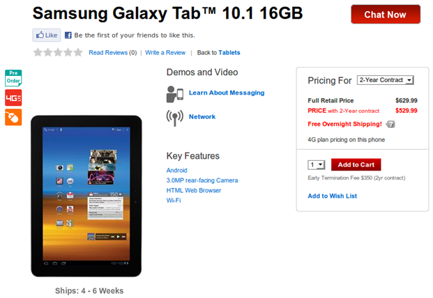 Samsung Galaxy Tab 10.1 LTE Pre-Order At Verizon