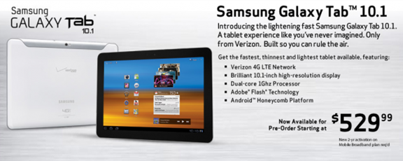 Samsung Galaxy Tab 10.1 LTE Pre-Order At Verizon