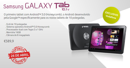 Samsung Galaxy Tab 10.1v Vodafone PT Pricing