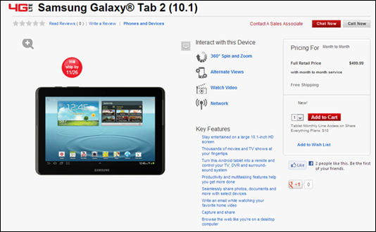 Verizon Samsung Galaxy Tab 2 10.1 Pricing