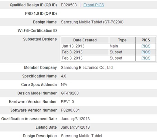 Samsung Galaxy Tab 3 bearing model number GT-P8200 could be available in Europe