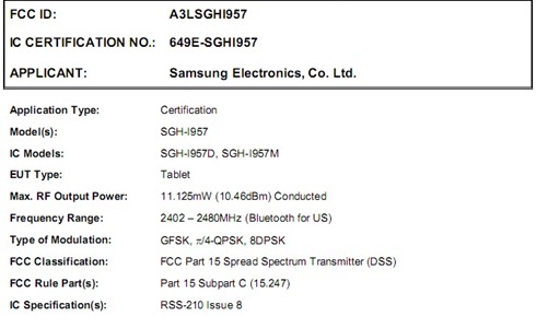 Samsung Galaxy Tab With AT&T LTE Bands Hits FCC