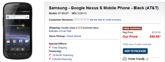 AT&T’s Google Nexus S Now On Sale At Best Buy For $99.99