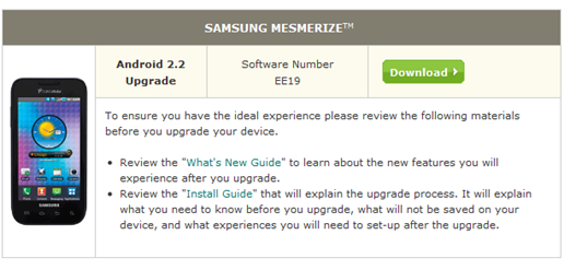 Samsung Mesmerize Gets EE19 Update