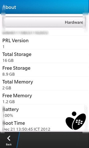 Screenshot shows BlackBerry Z10 smartphone has 2 GB RAM