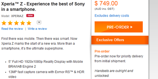 Sony Mobile has started taking pre-order for Sony Xperia Z smartphone for $749