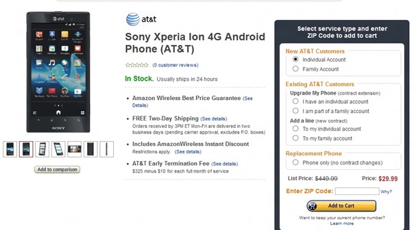 Free AT&T’s Xperia Ion At Amazon Wireless