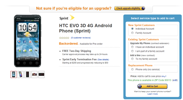 Sprint HTC Evo 3D Amazon Pre-order