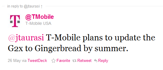 T-Mobile G2x Gingerbread tweet