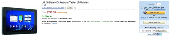 T-Mobile LG G-Slate Amazon Pricing