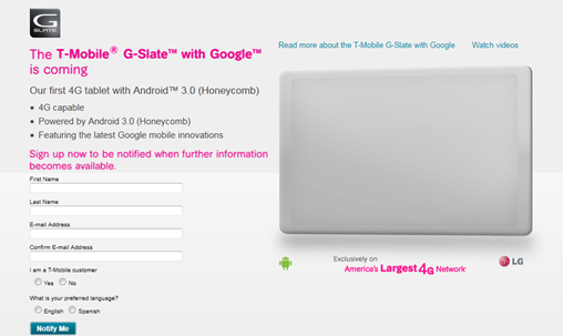 LG T-Mobile G-Slate Honeycomb Tablet SignUp