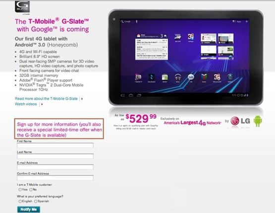 T-Mobile G-Slate Sign Up Page