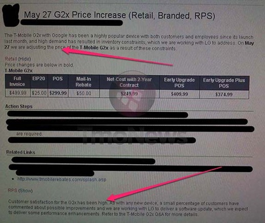 T-Mobile LG G2X's Price Hike Details