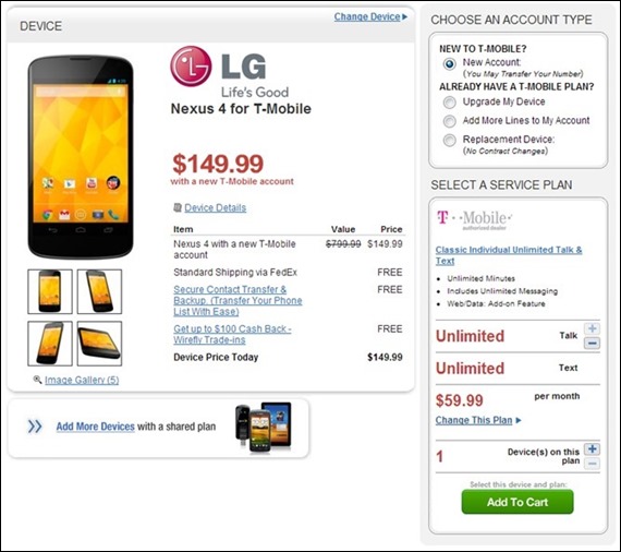T-Mobile Nexus 4 for $149.99 at Wirefly