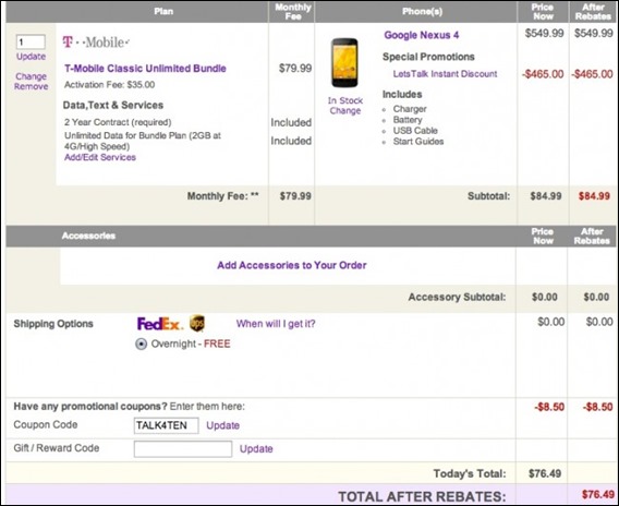 T-Mo Nexus 4 for $76.49 at Lets Talk