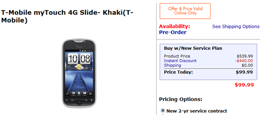 T-Mobile myTouch 4G Slide For $99 At Walmart 