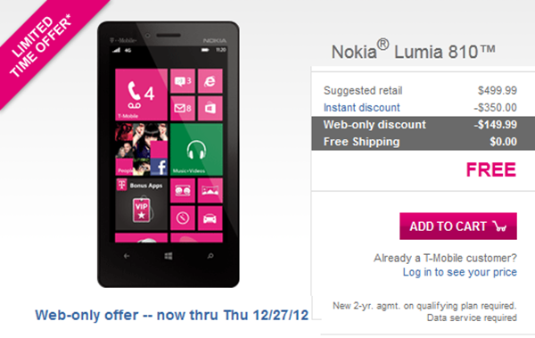 T-Mobile offers the Nokia Lumia 810 for free