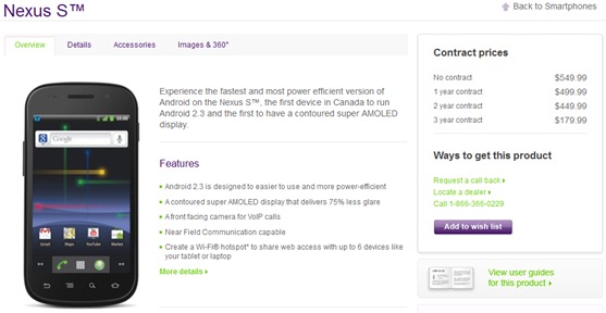 Telus Branded Google Nexus S Pricing