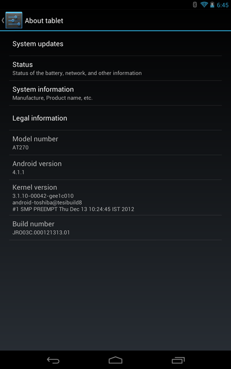 Toshiba Excite 7.7 Jelly Bean Update JRO03C