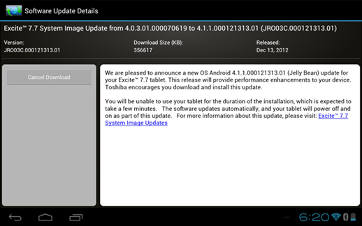 Toshiba Excite 7.7 Jelly Bean Update JRO03C