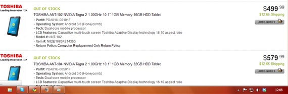 Toshiba Honeycomb ANT Tablet's Newegg Listing
