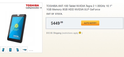 Toshiba Honeycomb ANT Tablet's Newegg Listing