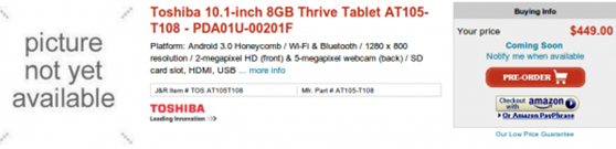 Toshiba Honeycomb Thrive Tablet pre-Orders At J&R