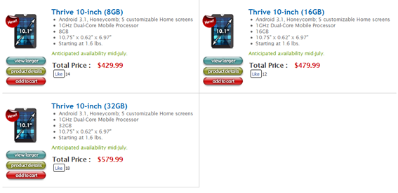 Toshiba Thrive Pricing