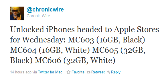 Unlocked iPhone 4 US stores tweet