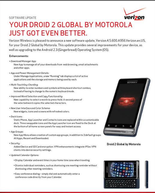 Verizon Droid 2 Global Gingerbread update doc