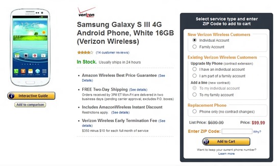 Verizon Galaxy S III 16GB For Just $100