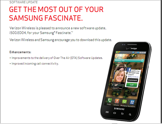 Samsung Fascinate Gets i500.ED04 Update 