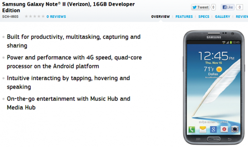 Verizon Samsung Galaxy Note II Developer Edition