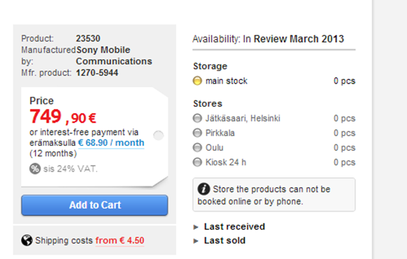 Verkkokauppa started taking pre-order for the Xperia Z smartphone