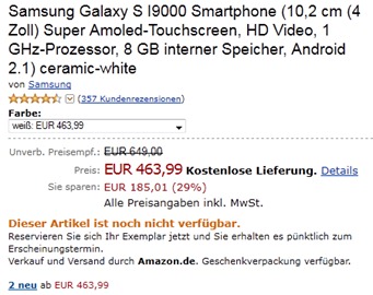 White Samsung Galaxy S on Amazon