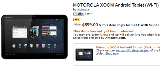 WiFi Only Motorola Xoom At Amazon