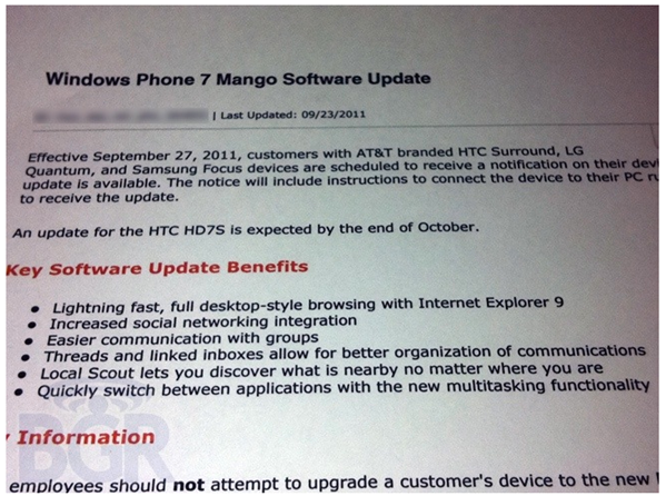AT&T Windows Phone 7 Mango Update Memo