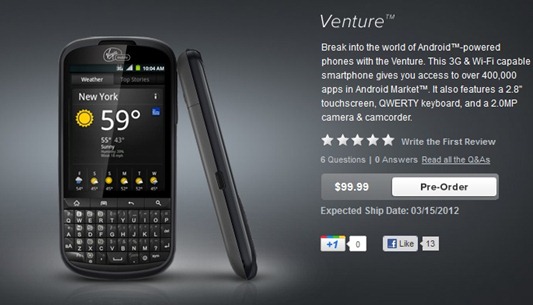 Virgin Mobile’s ZTE Venture Pre-Order